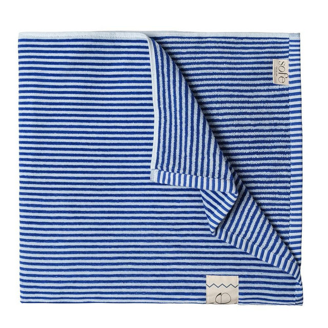 SOFE H&L | Playa Velour Large Beach Towel Pack of 2 (35” x 70”) Striped - Blue | Thick, Premium, Fade Resistant, Durable | Luxury Resort Quality Pool Towel, Turkish Beach Towel with Shoulder Strap