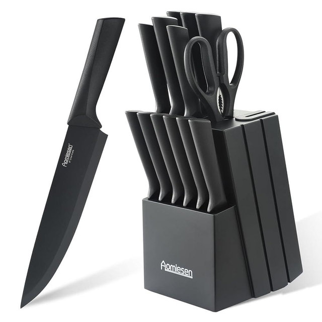 Stainless Steel Knife Set, Knife Block Sets with Built-in Sharpener,15-Piece Block Set with Block and Ergonomic Handles