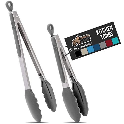 Gorilla Grip Stainless Steel Kitchen Tongs, 2 Piece Set Includes 9 and 12 Inch Locking Tong, Heat Resistant Premium Silicone Tips and Grips, Perfect for Cooking, Grilling, BBQ, Dishwasher, Gray