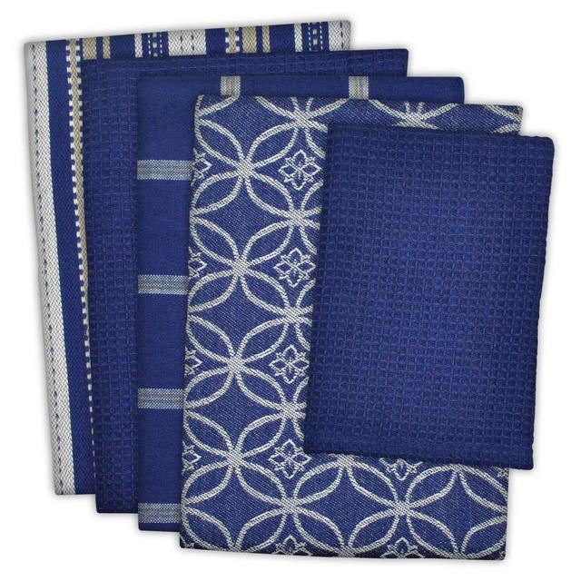 DII Cotton Oversized Kitchen Dish Towels 18 x 28" and Dishcloth 13 x 13", Set of 5 , Absorbent Washing Drying Dishtowels for Everyday Cooking and Baking-Nautical Blue