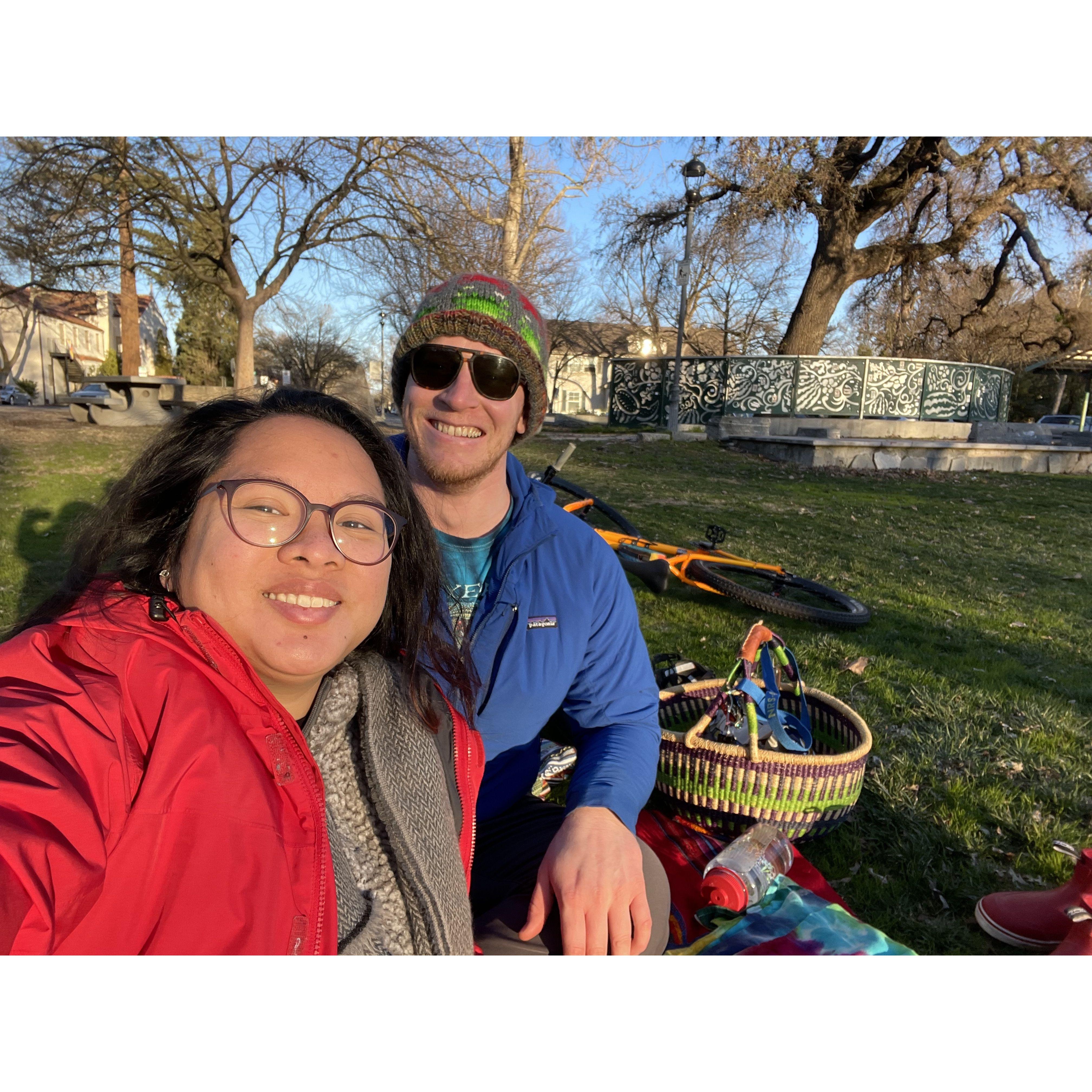 Little picnic in Central Park (Davis, CA) on a brisk winter day, 2022.
