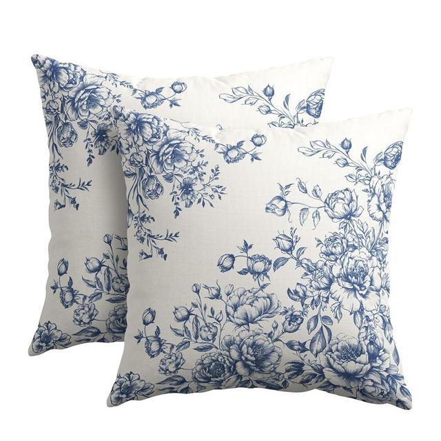 Kawani Chinoiserie Floral Throw Pillow Covers 18x18 Set of 2, Vintage Blue White Chic Flower Square Pillowcase Cotton Linen Cushion Case for Couch Sofa Bed Porch Outdoor Home Decor