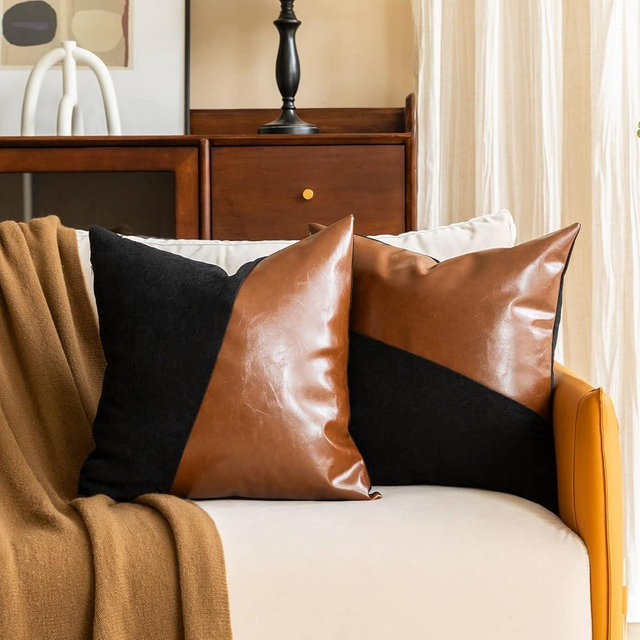 GEGELICA Faux Leather Splicing Cotton Canvas Throw Pillow Covers Set of 2 20X20 Inch Brown and Black Twill Square Modern Farmhouse Decorative Accent Pillow Covers
