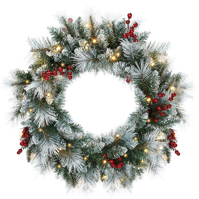 Edergoo 24in Prelit Christmas Wreath, Christmas Wreaths for Front Door, Prelit Christmas Wreath with Lights, Flocked Christmas Door Wreath Decorated with Pine Needles, Berries, Frosted Fluffy Branches