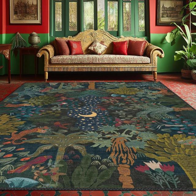 Midnight Rug, Forest and Animals Pattern Design Carpet, Perfectly Blends with Farmhouse and Modern Styles, Perfect for Livingroom Bedroom