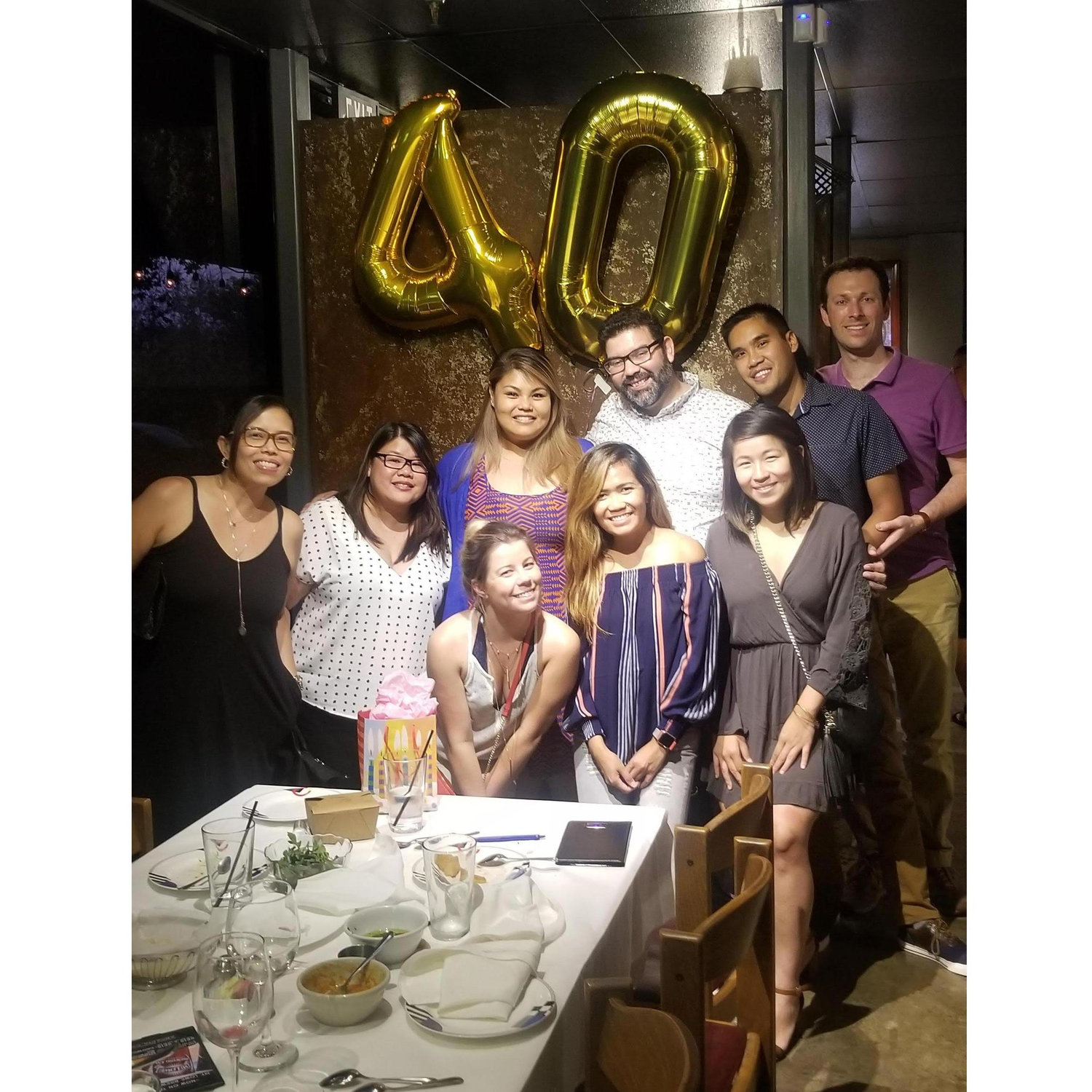 With friends for dinner at Marge's real 40th Birthday Celebration.