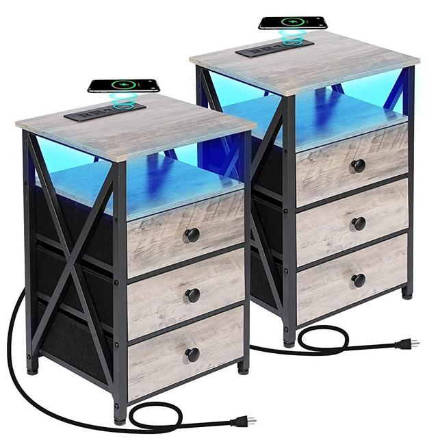 AMHANCIBLE LED Nightstands Set of 2, End Side Table with Wireless Charging Station, Bedside Table with USB Port & Power Outlet, Modern Night Stand with Fabric Storage Drawers for Bedroom Living Room