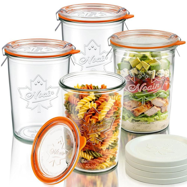 Wide Mouth Canning Jars 27 oz - 4 Pack Sourdough Starter Jars with Glass Airtight Lids & Plastic Lids, Large Glass Canisters with 2 Measurement Marks for Food Storage, Fermenting, Pickling, Meal Prep