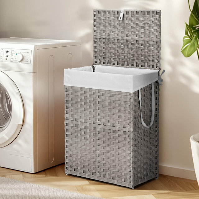 Bestier Laundry Basket with Lid, 90 L Hand-Woven Rattan Laundry Hamper with Compartments & Handles, Foldable, Removable Liner