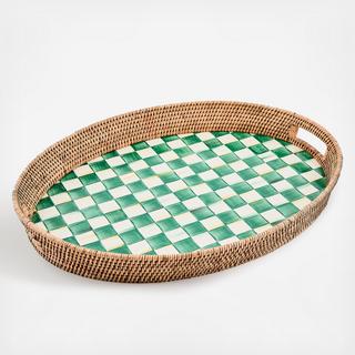 Emerald Check Enamel & Rattan Party Tray