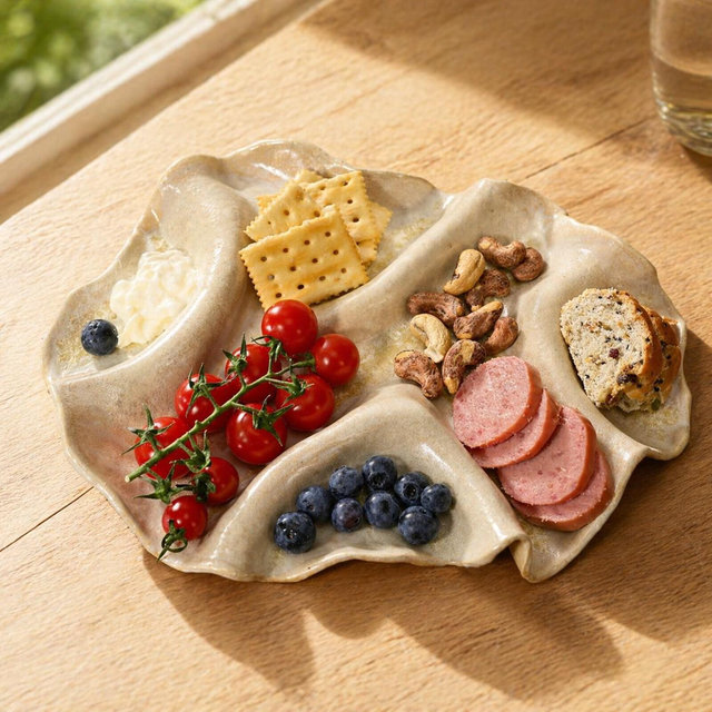 Organic Wavy Yellow Sage Charcuterie Board Handmade Earthy Ceramic Serving Platter Divided Wabi Sabi Cheese Plate Hostess Gift Pottery