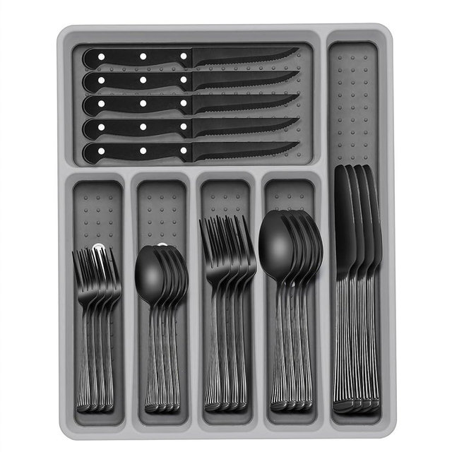 49-Piece Black Silverware Set with Organizer, Stainless Steel Roman Column Black Flatware for 8, Cutlery Utensil Sets with Steak Knives, Rust-proof, Mirror Polished, Dishwasher Safe