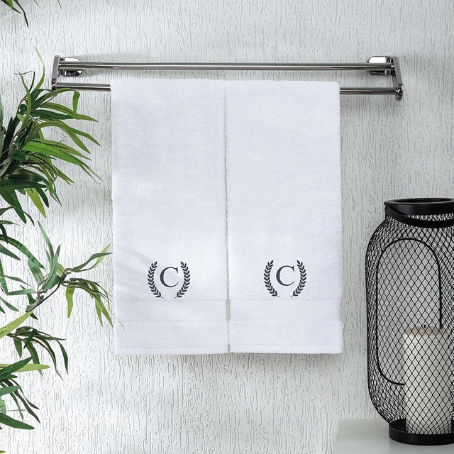 Monogrammed Hand Towels for Bathroom Makeup, Personalized Turkish Cotton Towel with Embroidery, Gift for Weddings, Housewarming, Anniversaries, and Bridal Showers, Set of 2 (Dark Gray, Initial C)