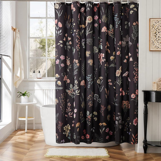 Ohocut Boho Shower Curtains for Bathroom Black Cute Floral Waterproof Polyester Fabric Shower Curtain 72x72 Inch