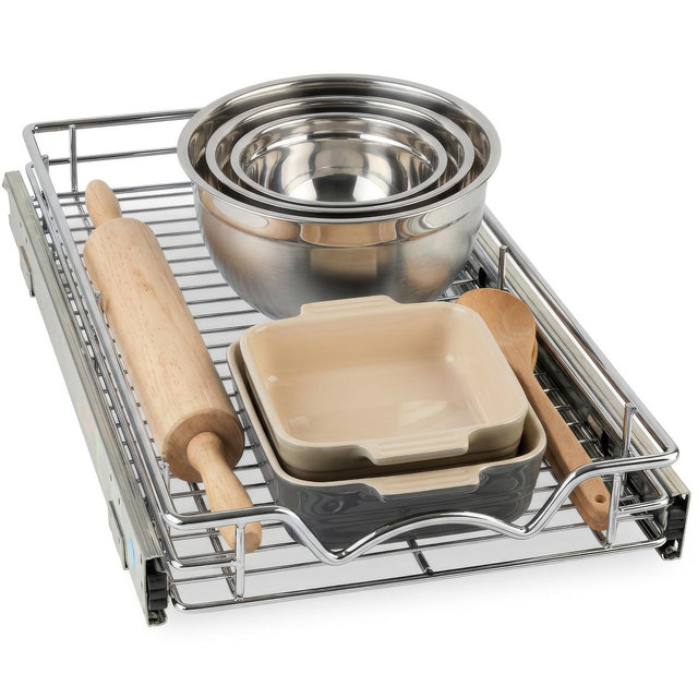 HOLDN’ STORAGE Pull Out Cabinet Organizer, Heavy Duty Caddy 11”W x 21”D Basket, Requires 12-1/4” Opening, Steel Metal Cabinet Drawers, Chrome