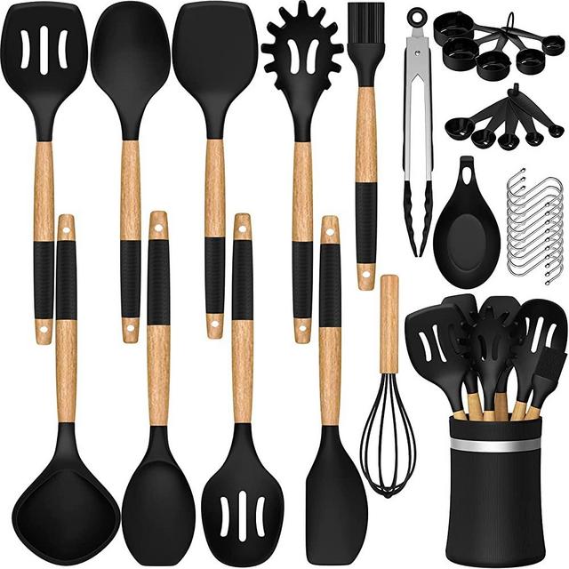 33 PCS Silicone Kitchen Utensils Set, Umite Chef Heat Resistant Cooking Utensils Set With Holder, Wooden Handle Kitchen Gadgets Tools Spatula Set for Nonstick Cookware(BPA Free & Black)
