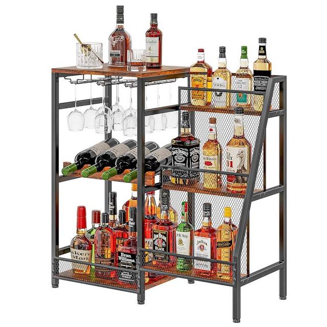 Versatile Liquor Stand for Home Bar, Wine Rack Freestanding Floor, Mini Bar Table for Liquor Whiskey Wine, 3-Tier Trapezoidal Liquor Bottle Display Shelf with Glass Holder and Fences, Vintage Brown