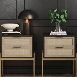 Wood & Rattan Nightstands Black (Set of 2)