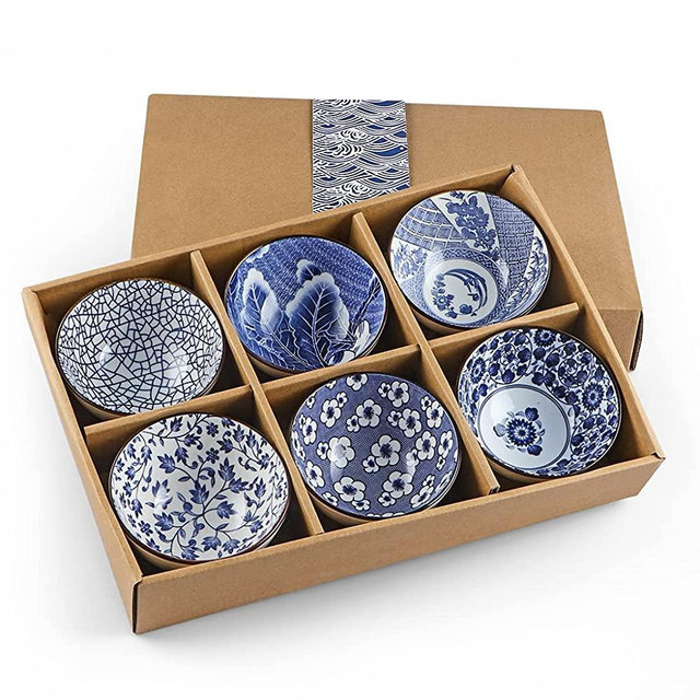 Sanbege Ceramic Rice Bowls 10 oz, Janpanese Style Bowl Gift Set, Assorted Dinnerware Serving Bowls for Cereal, Soup, Dessert, Snack, Fruit, Salsa, Pack of 6 (Blue and White)
