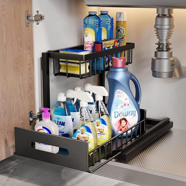 Solidhouse Under Sink Organizer, 2-Tier Under Kitchen Bathroom Sink Organizer and Storage, No Drilling Rustproof Stainless Steel Pull Out Shelf for Kitchen Bathroom (Black)
