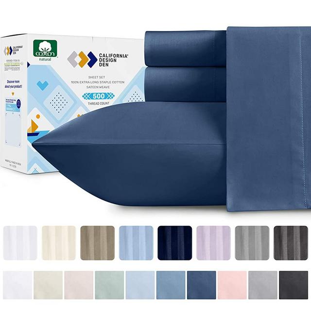 California Design Den 100% Cotton Sateen Queen Size Sheets - 500 Thread Count 4 Piece Sheet Set, Moonlight Blue Fade Resistant Bedding, Deep Pocket Fits Mattress 16 Inches