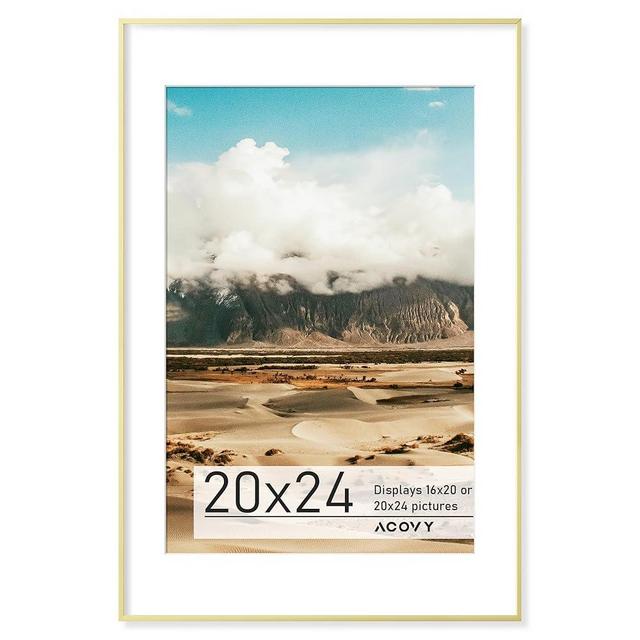 Acovy Premium Aluminum 20x24 Poster Frame with Mat for 16x20, HD Tempered Glass, Wall Hook Included (Gold, Pack of 1)