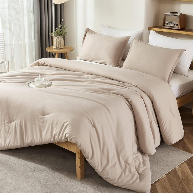Litanika Comforters Khaki Oversized Queen Size, 3 Pieces Lightweight Solid Bedding Comforter Set, All Season Fluffy Bed Set (98x98In Comforter & 2 Pillowcases)