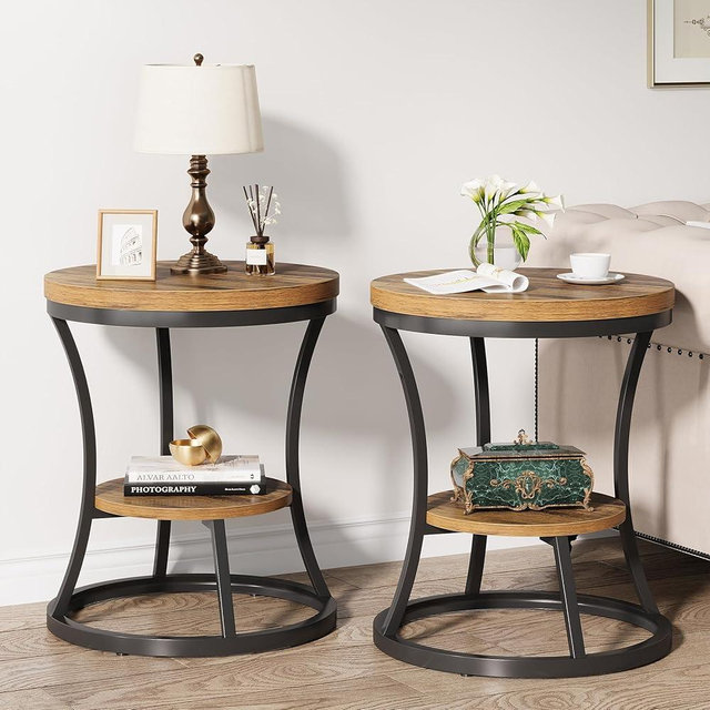 Condemo Round End Table Set of 2, 2 Tier Industrial Side Table, Accent Bedside Table Nightstand with Metal Frame for Living Room, Bedroom, Small Spaces, Easy Assembly, Rustic Brown & Black