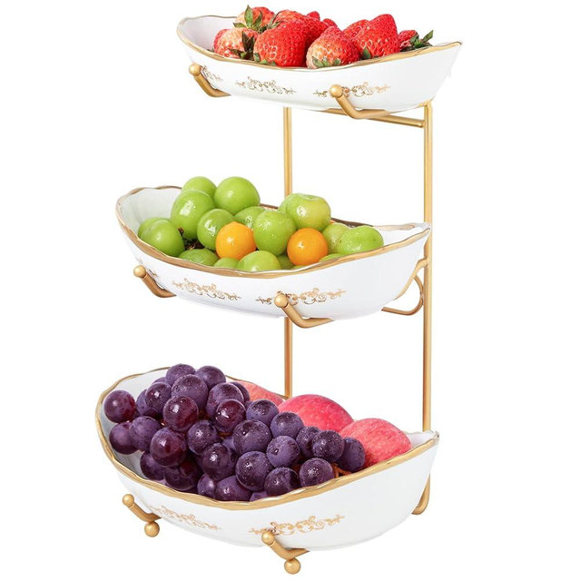 DUJUST 3 Tier Fruit Bowl, Elegant Ceramic Fruit Stand with Gold Scrollwork, Stackable & Easy to Store, Multifunctional Serving Tray for Fruit/Vegetables/Snacks - White Gold