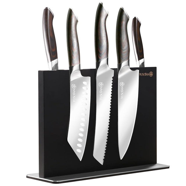 YUSOTAN 5-Piece Kitchen Knife Set with Wood Magnetic Knife Holder, Japanese Knife Set High Carbon Stainless Steel Knife Set Suitable for Thanksgiving, Wedding, Father's Day Gift Giving