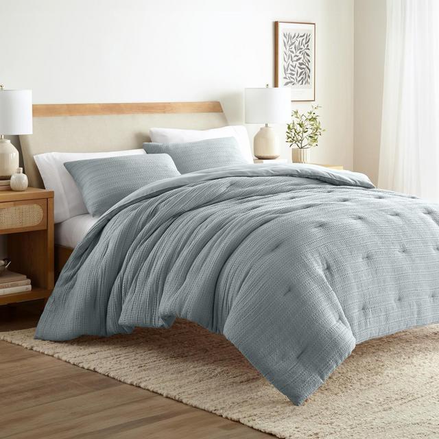 Waffle Textured Comforter Set All Season Down-Alternative Ultra Soft Bedding - Becky Cameron, Light Blue, Full/Queen