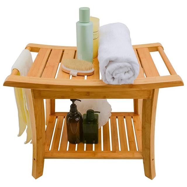 Zhuoyue Bamboo Spa Bath Shower Stool & Bench with Storage Shelf, Waterproof Shower Bath Seats for Adults Seniors Disabled Women Handicap Elderly Tileable