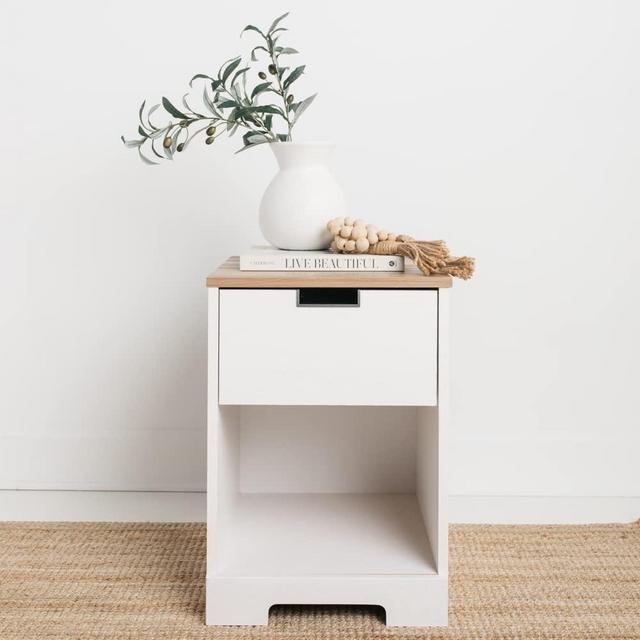 Signature Design by Ashley Vaibryn Modern 1 Drawer Nightstand with Storage Cubby, White & Light Brown