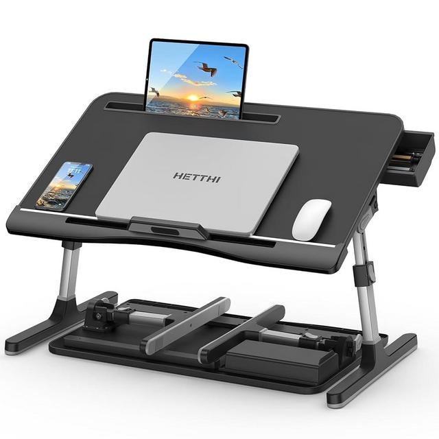 HETTHI Laptop Bed Desk Tray, Adjustable Sturdy Laptop Stand for Bed with Premium Materials, Folding Portable Lap Desk for Writing Working Eating Painting (Black, 23.6"×14")