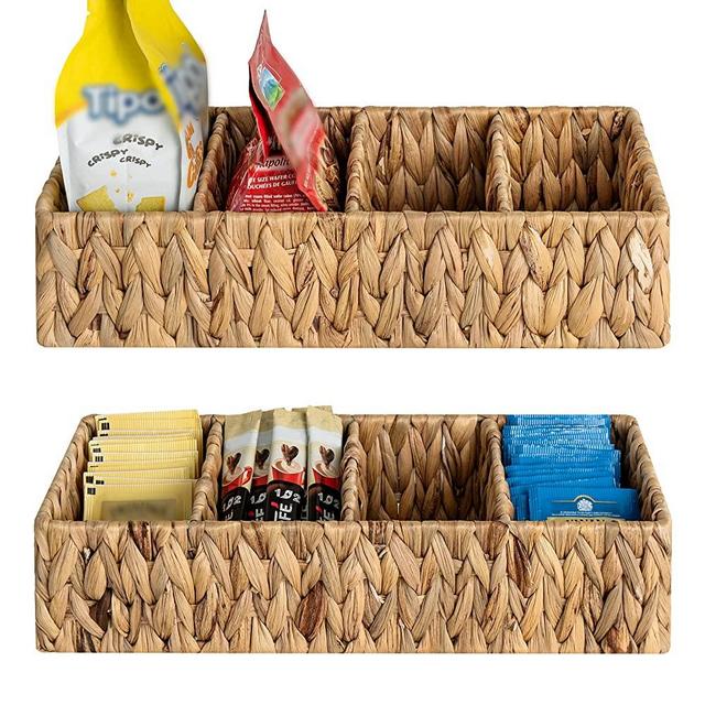 StorageWorks Small Wicker Baskets with 4 Sections, Water Hyacinth Baskets for Organizing, Handwoven Desk Baskets for Pantry, Coffee Bar, Shelves, 2 Pack