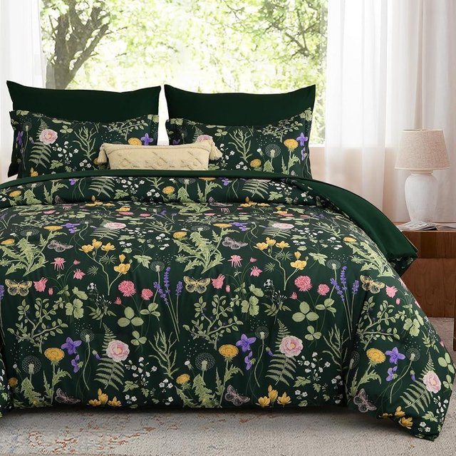 Yiran King Size Comforter Set 7 Piece, Dark Green Floral Bedding Set, Bed in a Bag King with Botanical Flowers Pattern, Soft Microfiber Complete Bedding Set with Sheets for All Season