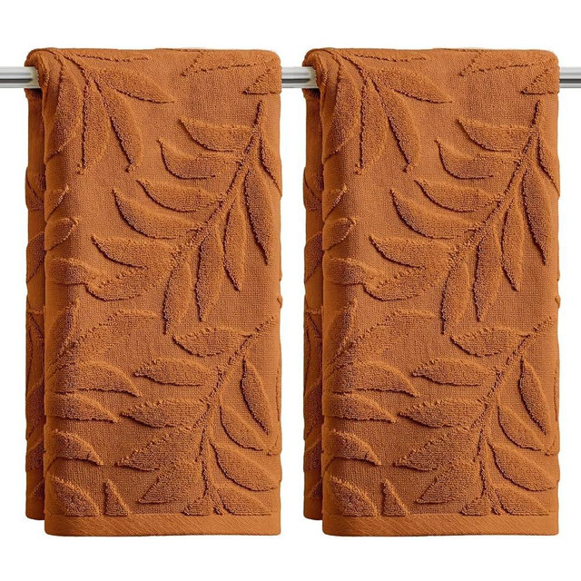 Artoid Mode 2 Pcs Caramel 3D Leaves Jacquard Spring Hand Towels for Bathroom, 100% Cotton Soft Absorbent Bathroom Decor Towels, 13.7 x 29.5 Inch