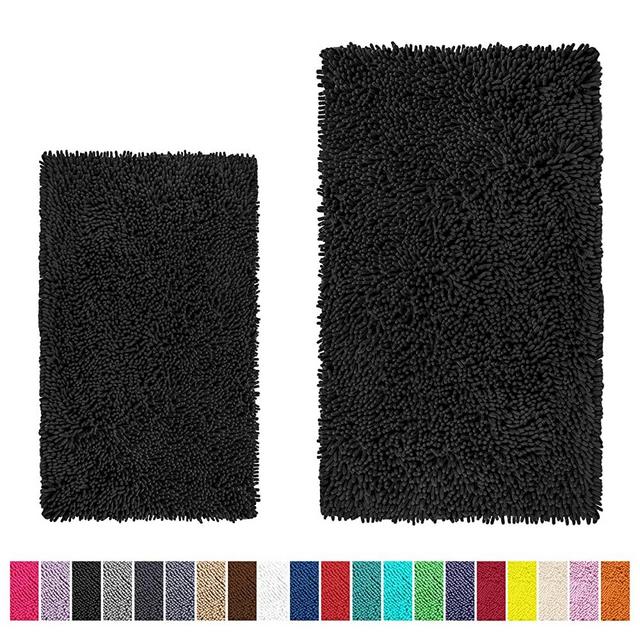 LuxUrux Bathroom Rug Set–Extra-Soft Plush Bath mat Shower Bathroom Rugs,1'' Chenille Microfiber Material, Super Absorbent (Rectangular Set, Black)