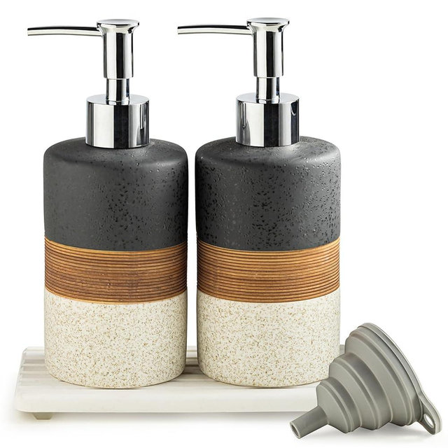 Cormomu Ceramic Dish Soap Dispensers Set(2 Pack), Hand, Dish, Shower Soap Dispenser for Kitchen Sink & Bathroom, Includes Stainless Steel Pump, Silicone Funnel & Diatomaceous Holder, Black