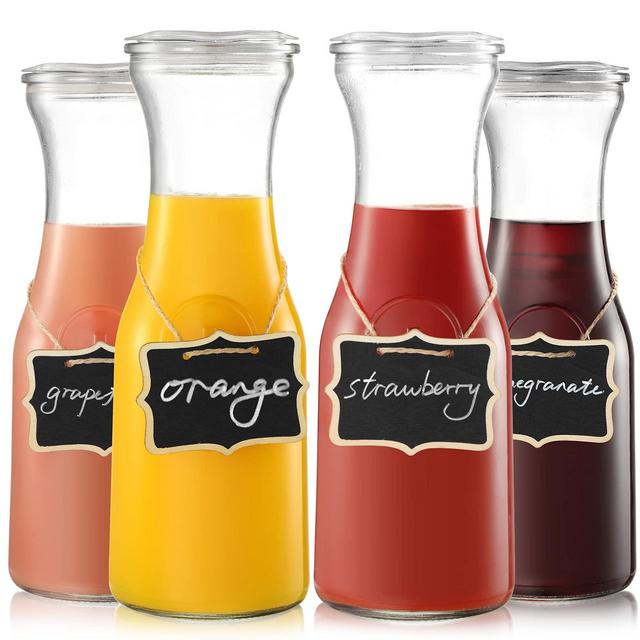 NETANY Set of 4 Glass Carafe with Lids , 1 Liter Beverage Pitcher Carafe for Mimosa Bar, Brunch, Cold Water, Juice, Milk, Iced Tea, Lemonade - 4 Wooden Chalkboard Tags Included