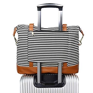 Women Ladies Canvas Weekender Bag Overnight Carry-on Tote Duffel in Trolley Handle (Black Stripe)