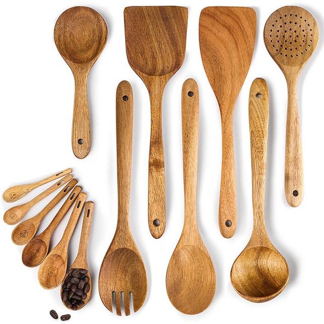 Wooden Spoons for Cooking, 13pcs Acacia Wooden Cooking Utensils Set Includes Wooden Spoon, Spatula, Soup Ladle, Measuring Spoons for Kitchen Use, Nonstick Natural Healthy Kitchen Cookware Gift