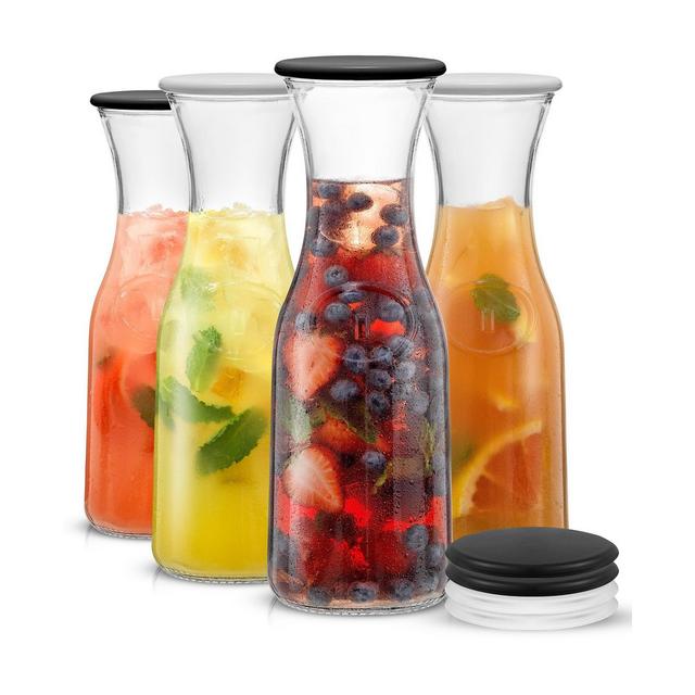 JoyJolt Hali Glass 35 oz Carafe Bottle Pitcher with 8 Lids, Set of 4