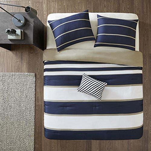 Comfort Spaces Verone 4 Piece Comforter Set Ultra Soft Microfiber Stripe Printed for College Dormitory, Guest Room Bedding, Queen, White & Blue