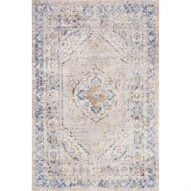 Nuloom Medallion 5x8 Machine Washable Jute Indoor Area Rug for Dining Room Rug Neutral Rug Living Room Rug Kitchen, Light Grey/Blue