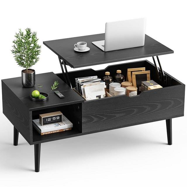 OLIXIS Wood Lift Top Coffee Table with Hidden Compartment and Large Storage Shelf, Lift Tabletop Dining Center Table for Home Living Room Office, Black