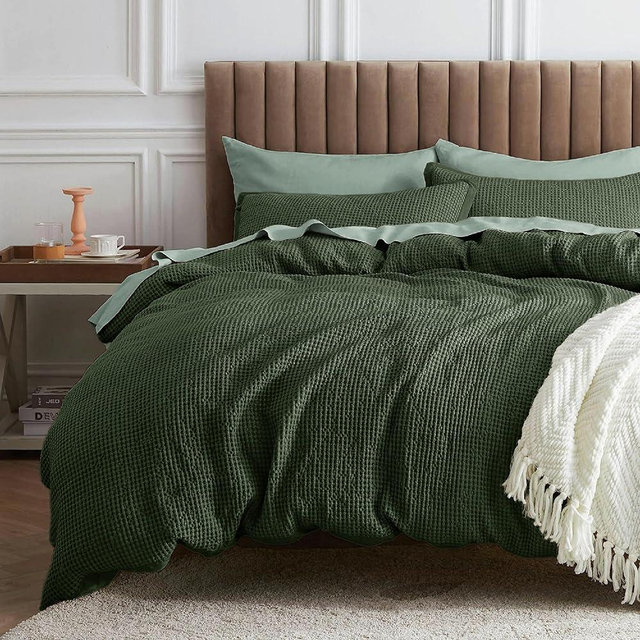Bedsure Waffle Comforter Set Queen, Olive Green Cotton Bedding Set for All Seasons, Waffle Weave Bed Set, 3 Pieces, 1 Comforter (90"x90") and 2 Pillow Shams, Cotton Cover with Polyester Fill