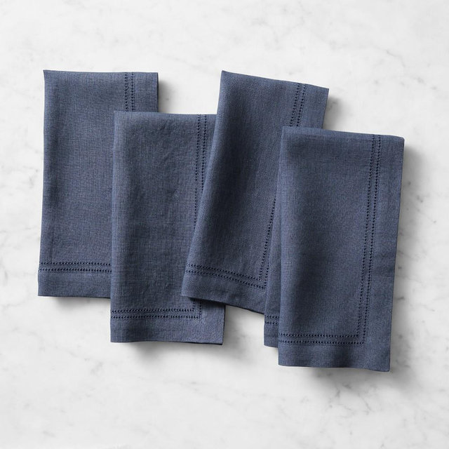 Linen Double Hemstitch Napkins, Set of 8, Navy Blue