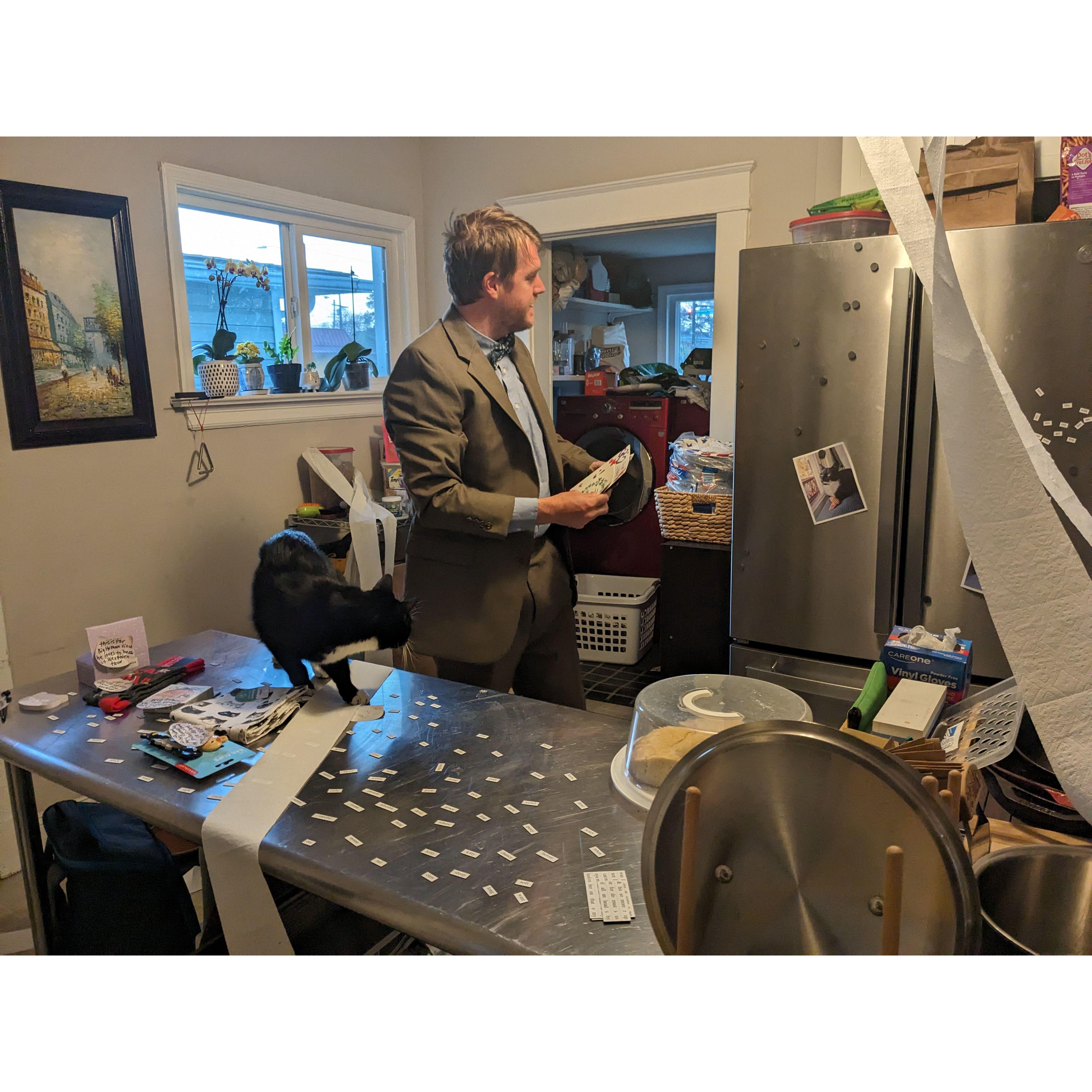 Our first April Fools Day together: Aaron surprised Hilda by getting out of bed in a full suit, while Hilda TP-ed the house and framed the mischievous cats as the culprits.