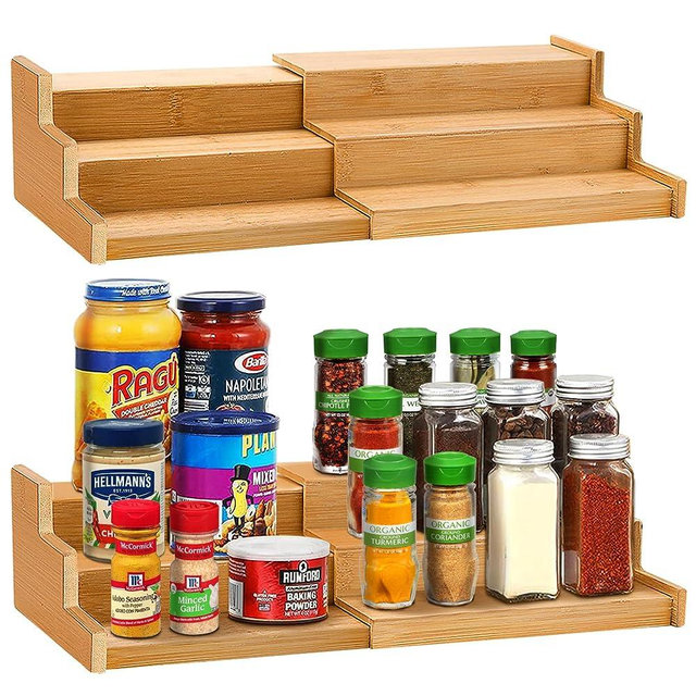 VenDotbi Spice Rack Organizer, 3 Tier Expandable Bamboo Spice Rack Organizer, Great for Kitchen Cabinet, Cupboard, Pantry and More-Bamboo(2pack)